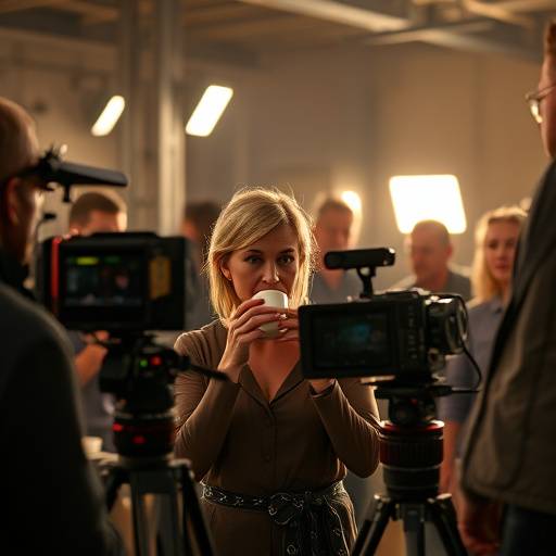 Image de tournage d'une publicit√© pour 'Caf√© Aroma', montrant une √©quipe technique autour d'une actrice d√©gustant un caf√©.