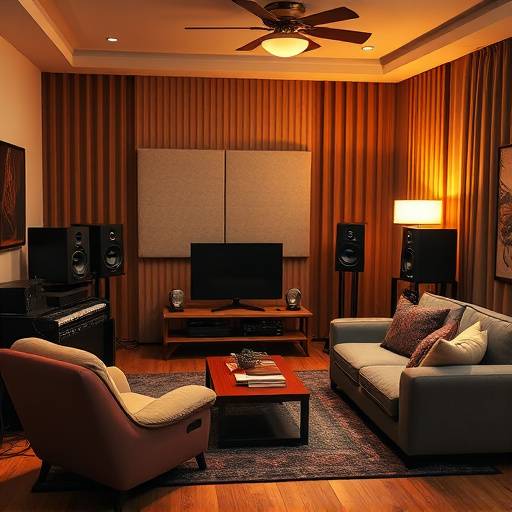 Int√©rieur du Studio B avec un d√©cor de salon chaleureux et un √©quipement audio de pointe.