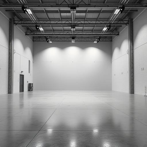Int√©rieur du Studio C, un grand espace vide avec un √©clairage de sc√®ne flexible et un sol en b√©ton cir√©.