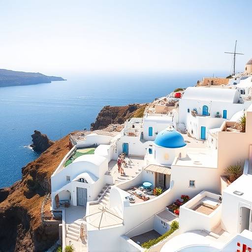 Maisons blanches et bleues emblématiques surplombant la mer Égée à Santorini, Grèce.