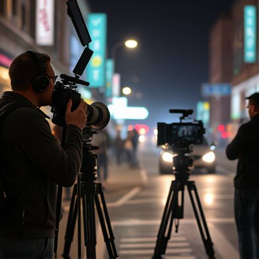 Photo de l'√©quipe de tournage lors de la production d'un court m√©trage 'Lumi√®res de la Ville', montrant l'utilisation d'√©quipements professionnels et une direction soign√©e.