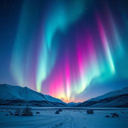 Spectaculaire aurore boréale dans le ciel nocturne au-dessus d'un paysage enneigé.