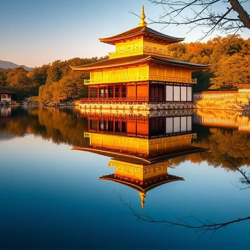 Temple Kinkaku-ji (Pavillon d'or) reflété dans l'eau calme à Kyoto, Japon.