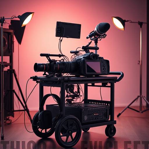 Un chariot rempli d'√©quipements de studio, y compris des cam√©ras, des microphones et des casques d'√©coute.