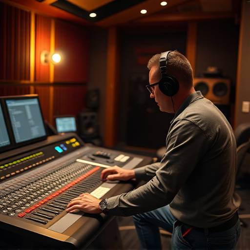 Un ing√©nieur du son travaillant dans un studio d'enregistrement avec une console de mixage et des √©quipements audio professionnels.