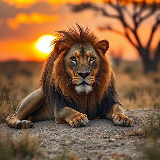 Un lion majestueux se repose dans la savane africaine au coucher du soleil.
