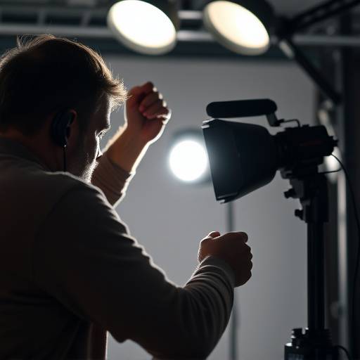 Un technicien ajustant l'√©clairage de studio pour un tournage vid√©o.