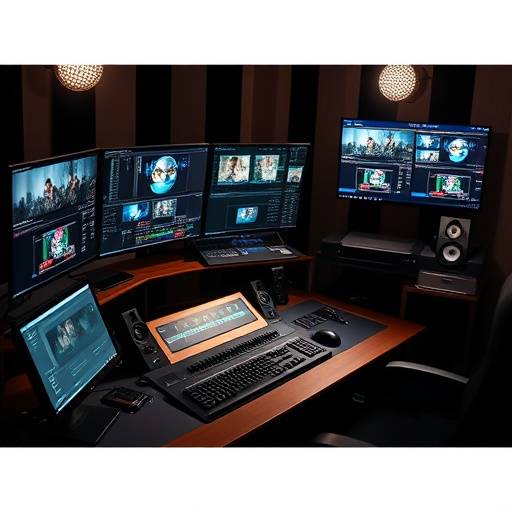 Une station de travail de post-production avec des moniteurs, des consoles de montage et des logiciels de traitement vid√©o.