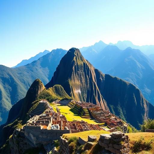 Vue majestueuse de la cité inca de Machu Picchu perchée dans les Andes, Pérou.