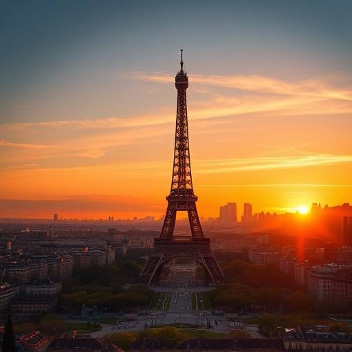 Vue panoramique de la Tour Eiffel illuminée à Paris au coucher du soleil.