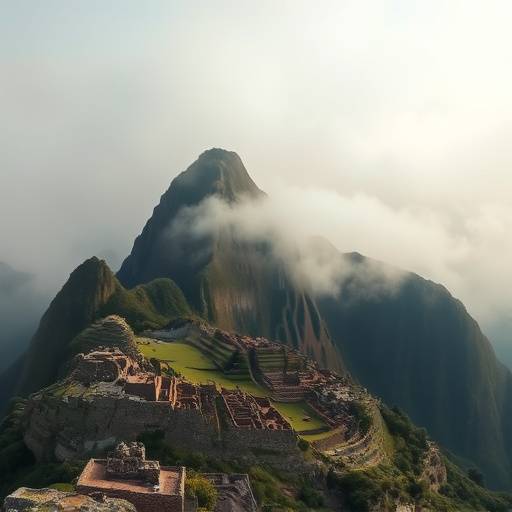 Vue panoramique de Machu Picchu enveloppé de brume dans les Andes péruviennes.